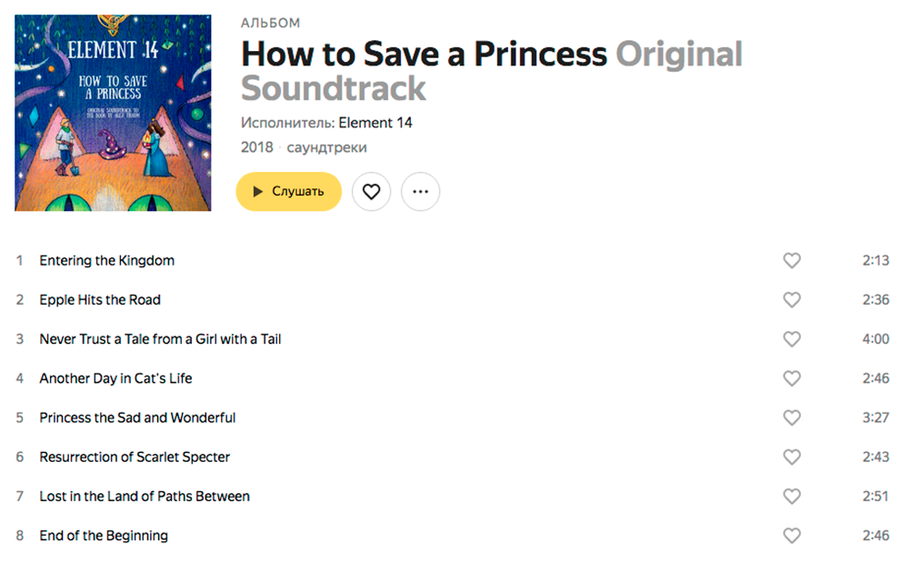 Вот так выглядит саундтрек на сайте «Яндекс-музыки». У Element 14 международный бренд, поэтому обложка и названия композиций на английском