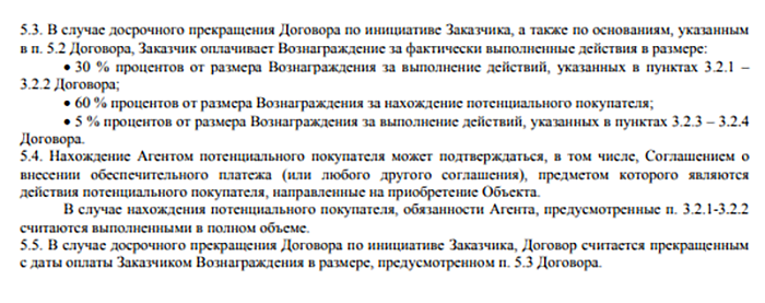 По этому договору клиент обязан заплатить риелтору 60% от его комиссии, если откажется от услуг агента, когда найдется потенциальный покупатель. Неважно, состоится сделка или нет