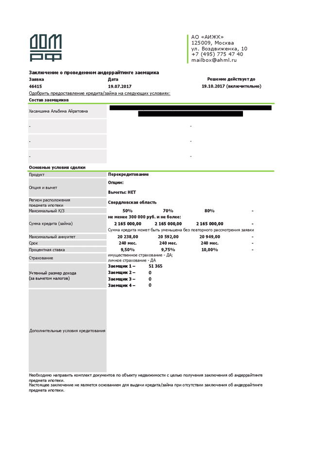 Заключение об одобрении кредита. У банка я попросила 65% стоимости квартиры под 9,75% годовых