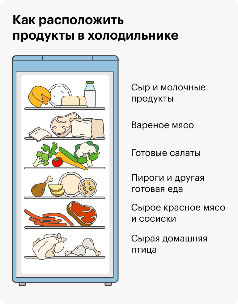 В некоторых холодильниках есть отделение с прозрачными выдвижными контейнерами. Хотя оно располагается в самом низу, температура там примерно на +1 °С выше, чем на нижней полке, — так что оно подойдет для овощей и фруктов. Но если такого отделения нет, овощи можно положить на верхние полки