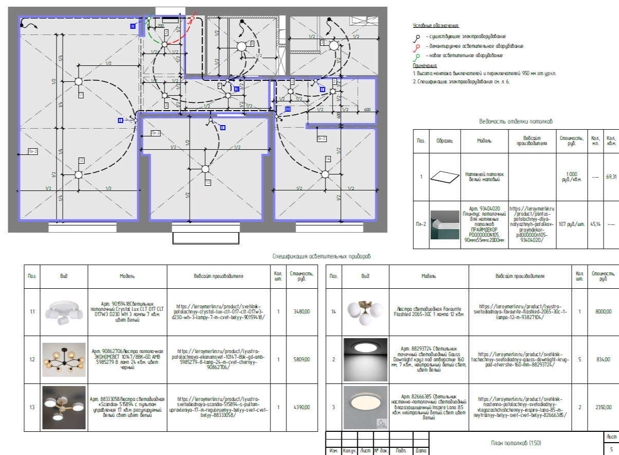 План потолков и расстановка светильников