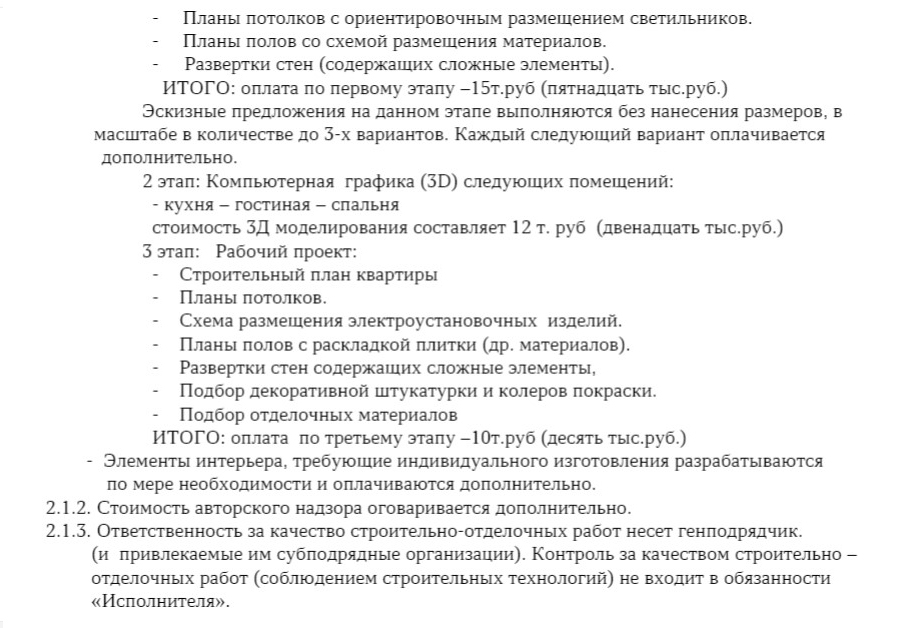 С дизайнером мы заключили договор. Согласно ему все работы состояли из трех этапов: эскизного проекта, компьютерной графики и рабочего проекта