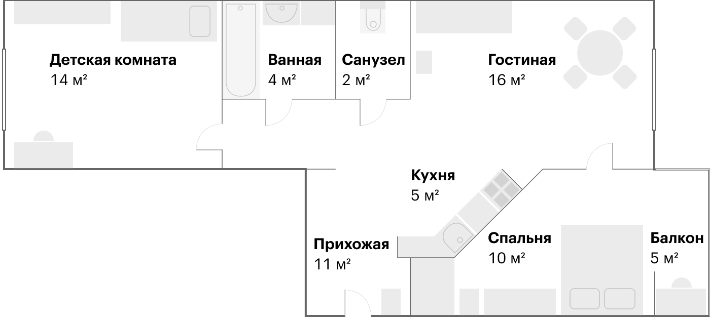 Вот такая получилась планировка: кухню перенесли в коридор и объединили ее с гостиной, а спальню объединили с балконом