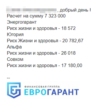 А после получила вот такое письмо с предложениями цен разных страховых компаний