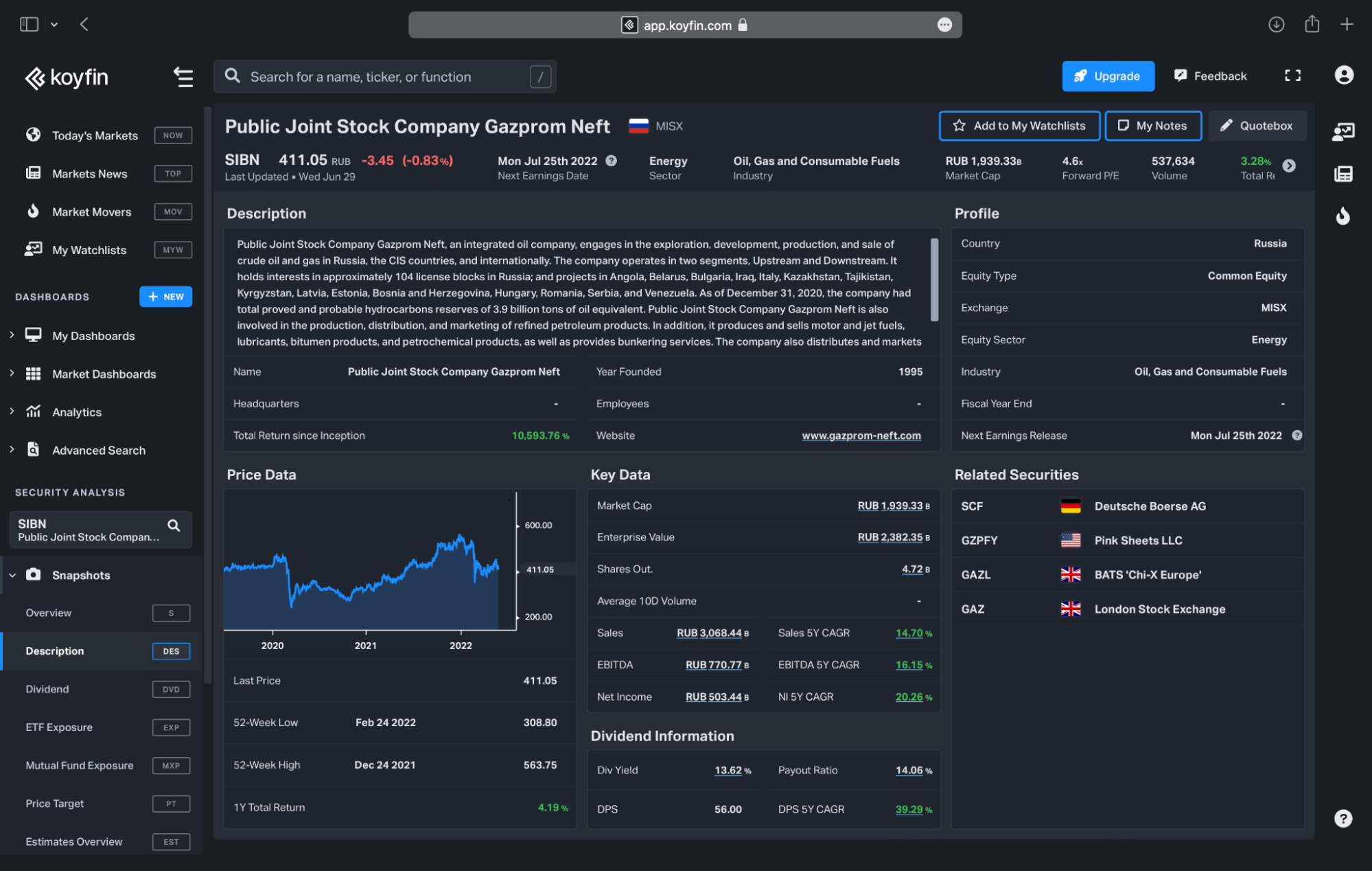 Вкладка Description по компании «Газпром-нефть». Источник: Koyfin