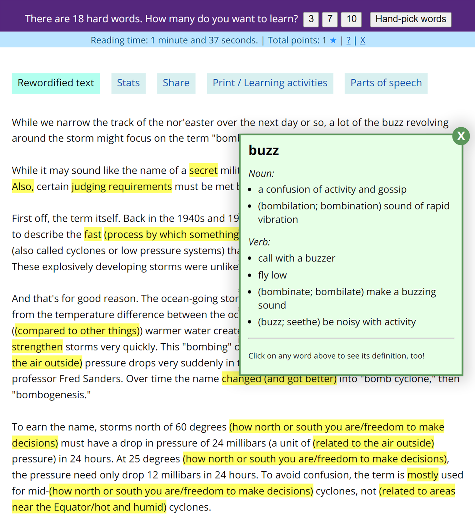Если нажать на любое слово из текста, не обязательно выделенное желтым, откроется окошко со списком определений. Например, слово buzz в зависимости от контекста используют как существительное или глагол