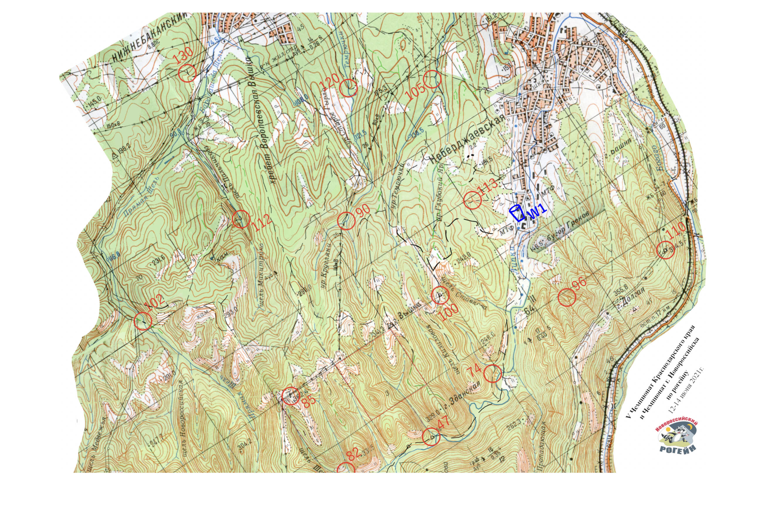 Вот еще один пример карты с Пятого чемпионата Краснодарского края по рогейну, который прошел 12⁠—⁠14 июня 2021 года. На этой карте даже отмечен пункт с водой — синий значок W1. Источник: rogaining.ru