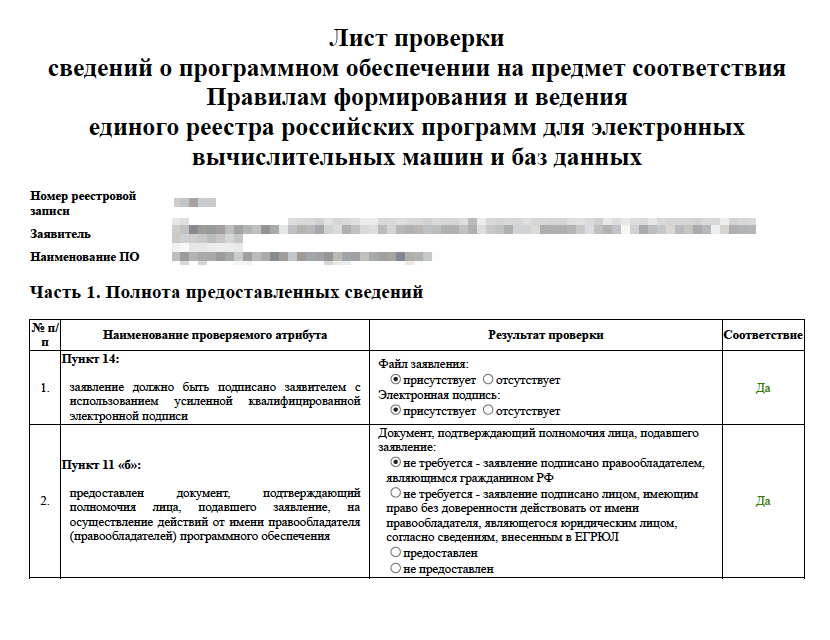 Фрагмент листа проверки сведений. Первая часть посвящена предоставленным сведениям: все ли есть или чего⁠-⁠то не хватает