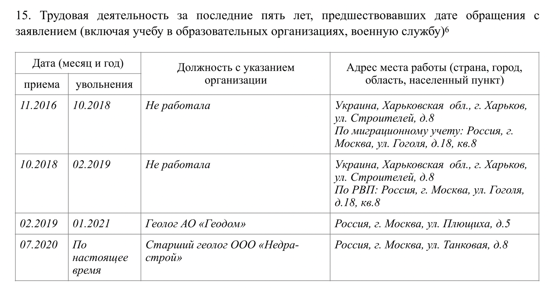 Обратите внимание: если вы не работали, а адрес регистрации менялся, нужно переходить на новую строку