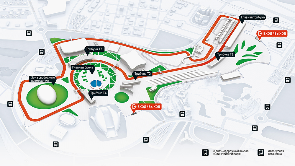 Схема «Сочи-автодрома». Трек вписан среди строений Олимпийского городка. Это делает трассу уникальной, но усложняет доступ. Неудобство для зрителей — одна из причин, по которой этап «Формулы-1» когда-то переносили в Санкт-Петербург. Источник: sochiautodrom.ru