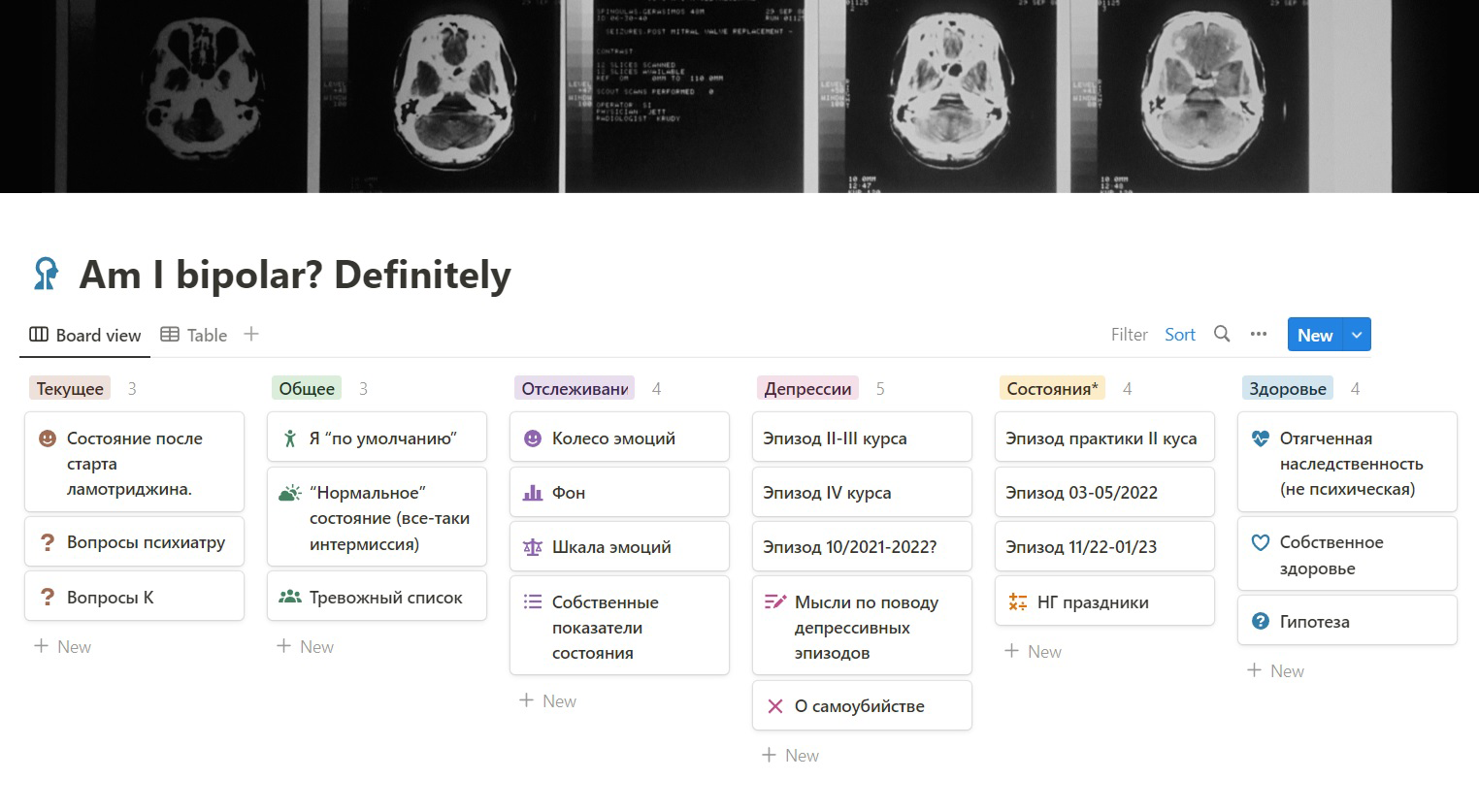 Таблица с полной историей моей болезни и всего связанного с ней в Notion