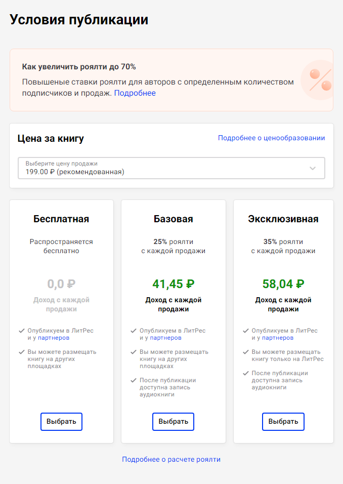 «Литрес» сразу рассчитывает примерную цену книги. Сервис забирает себе 65%, если лицензия исключительная, и 75% — если неисключительная