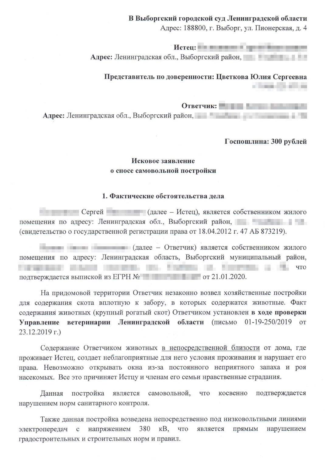 В исковом заявлении мы изложили доводы и сделали акцент на том, что постройка создает угрозу жизни и здоровью людей