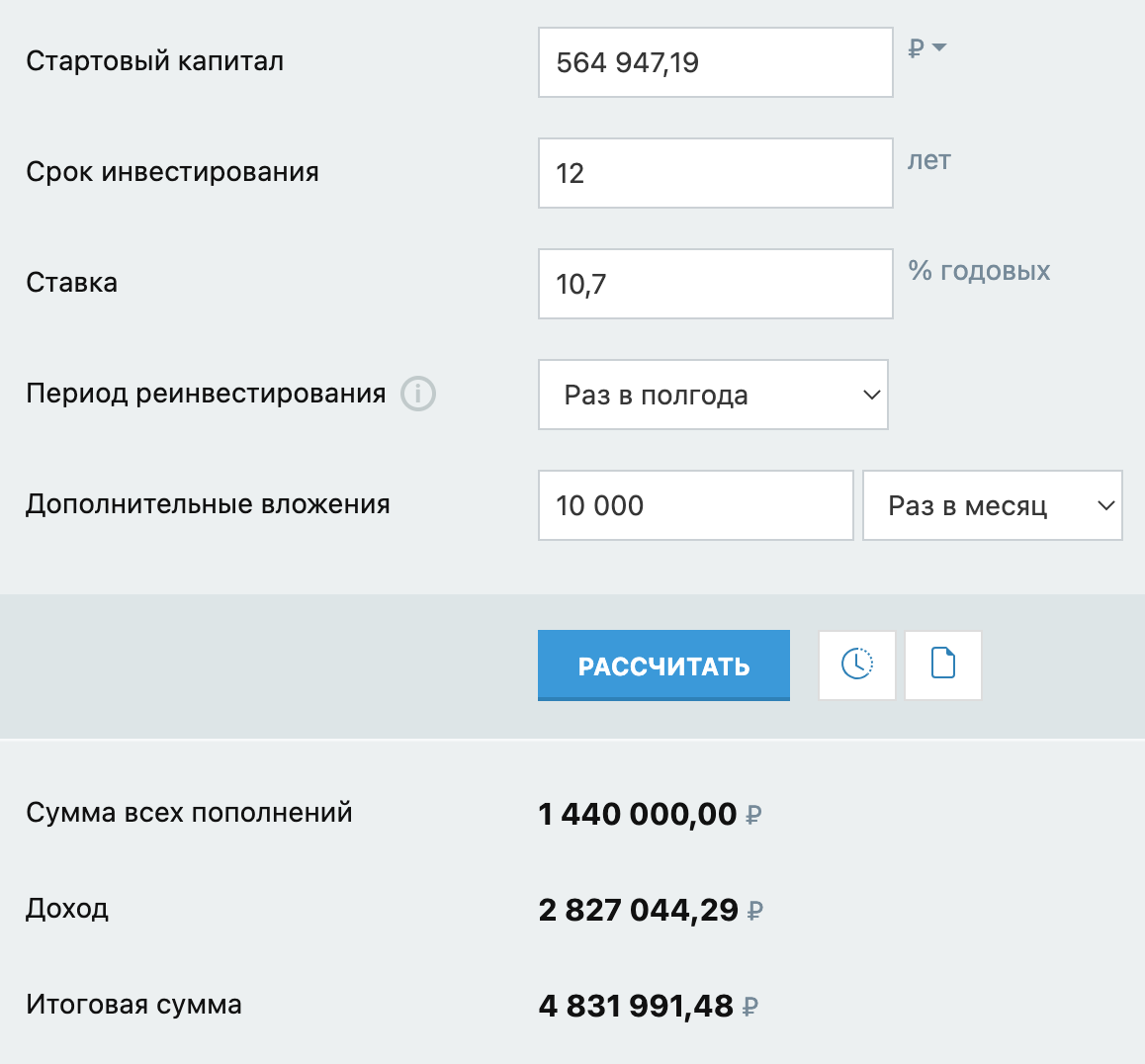 Пример расчета доходности по программе долгосрочных сбережений. В первые 3 года учтено софинансирование в размере 3 тысячи рублей в месяц, в последующие 12 лет софинансирования нет. Источник: Calcus