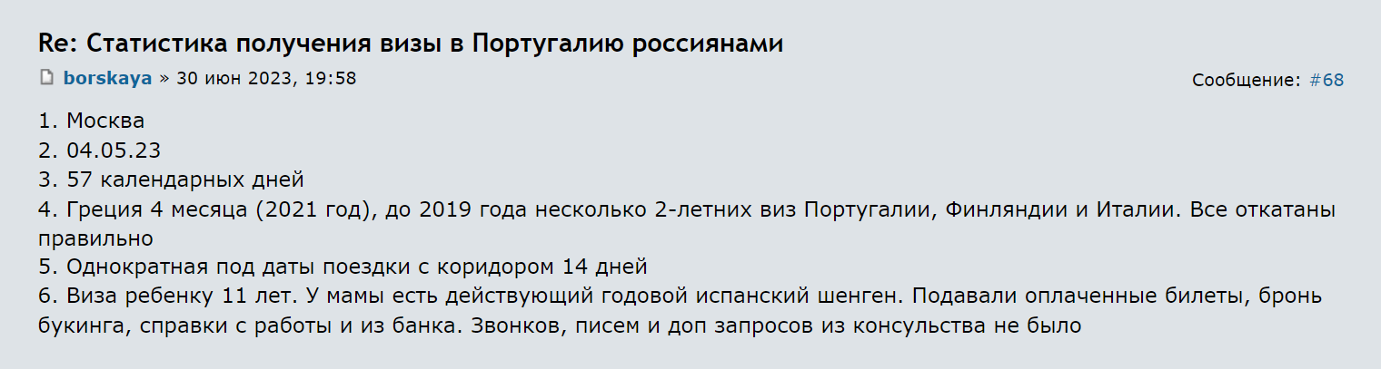 Один из пользователей Форума Винского подал документы на португальскую визу в мае 2023 года и ожидал решения в течение 57 дней. Источник: forum.awd.ru