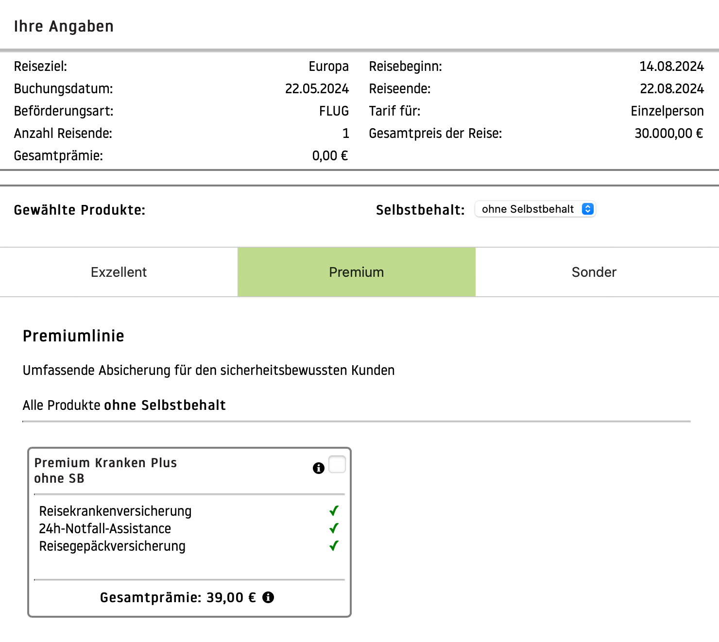 Полис MDT для 33⁠-⁠летнего туриста, который собирается путешествовать по Европе, стоит 39 €. Источник: mdt24⁠-⁠online.de