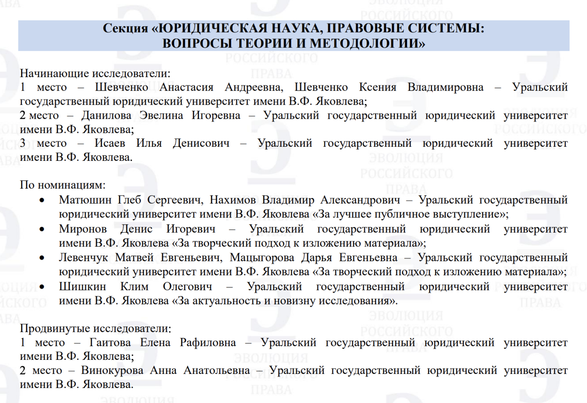 Победители, призеры и лауреаты секции «Юридическая наука, правовые системы: вопросы теории и методологии» конференции «Эволюция российского права». Источник: usla.ru