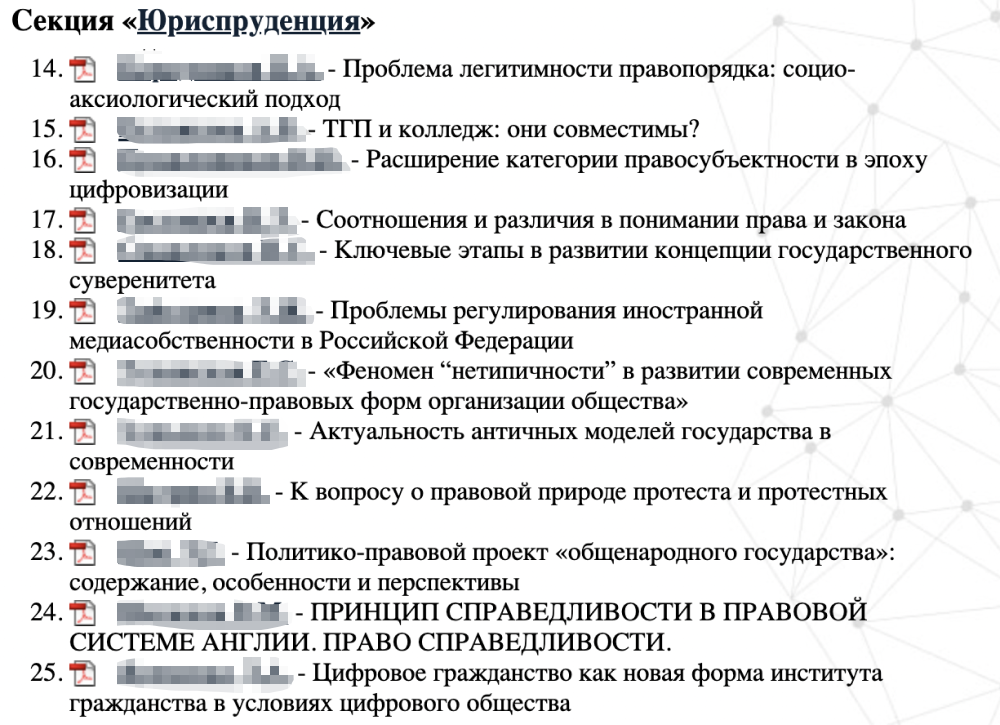 Список докладов теоретико-правовой секции форума «Ломоносов» за 2020 год. Не все докладчики конференции в итоге презентуют свои работы, но даже с учетом этого участников все равно много. Источник: lomonosov-msu.ru