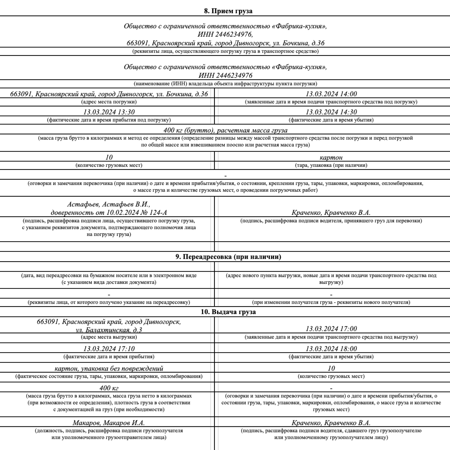 Информацию о том, где и в какое время должны забрать груз, куда и в какое время доставить, тоже указывают в накладной. Также прописывают время погрузки и разгрузки