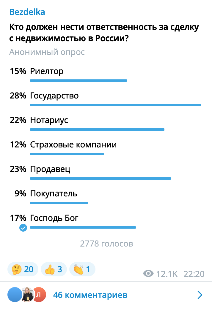 Я веду телеграм-канал о безопасности сделок для профессионалов рынка недвижимости и однажды задала вопрос об ответственности