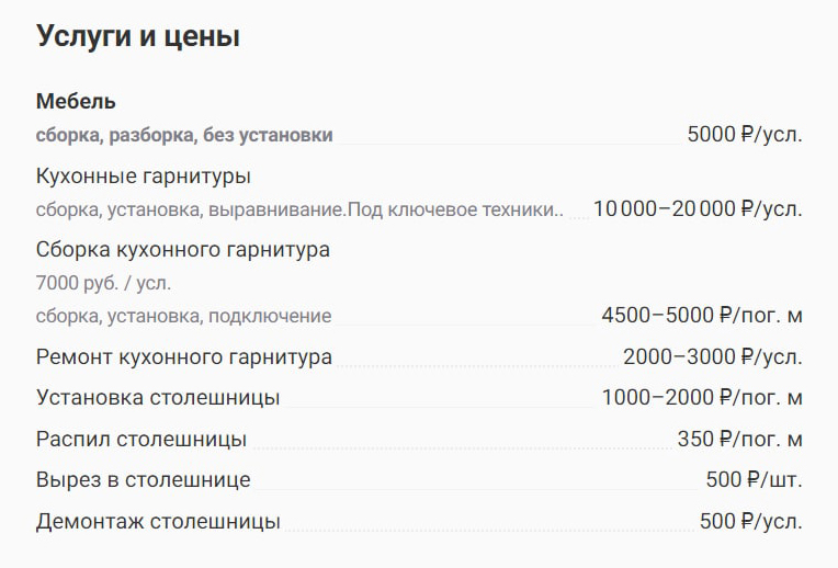 Это средние цены на установку кухонного гарнитура. За установку столешницы, ее распил и вырез в ней надо платить отдельно. Источник: profi.ru