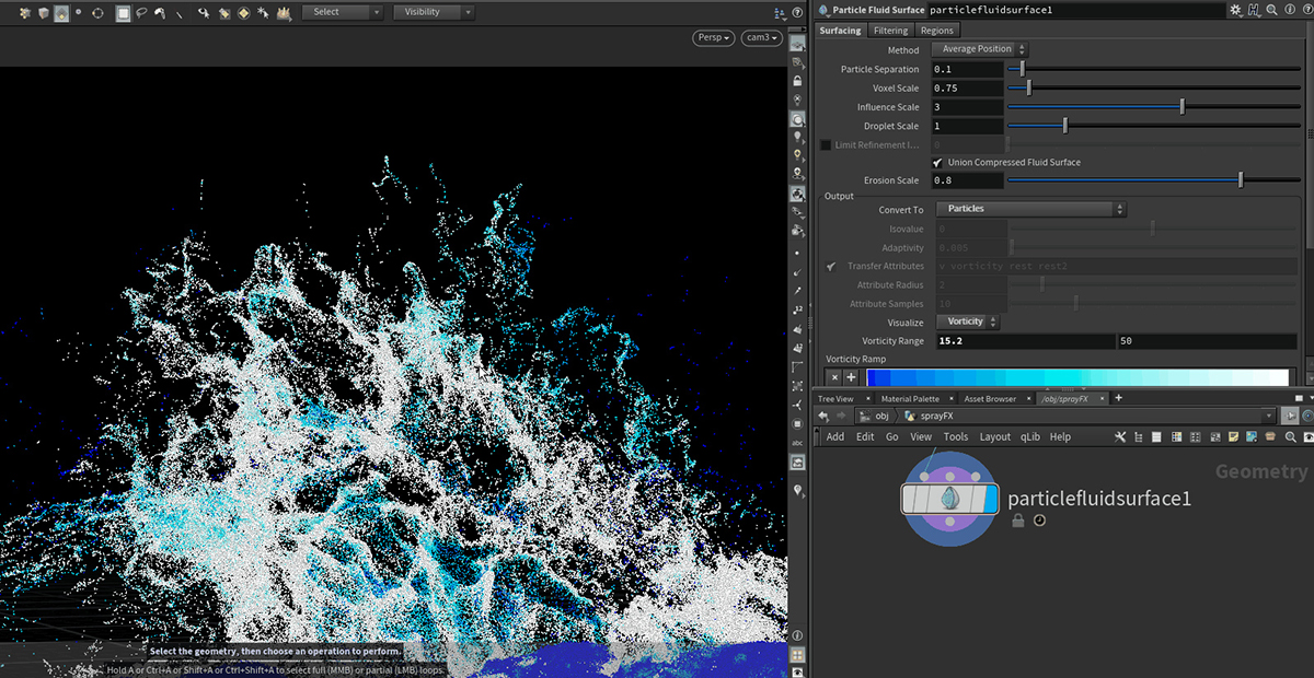 Так выглядит процесс работы над симуляцией воды в Houdini. Источник: Houdini