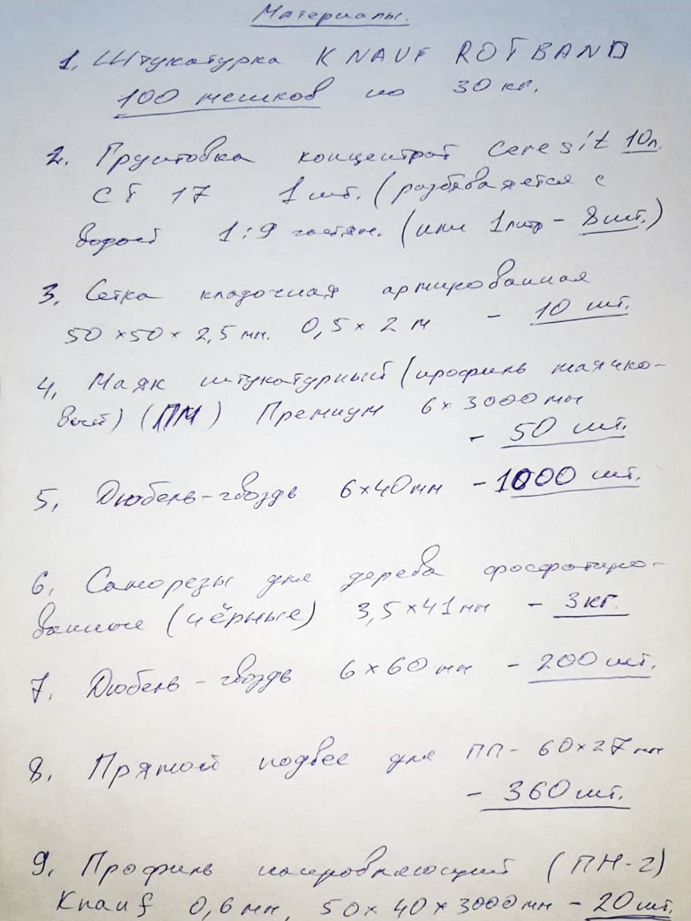 Список материалов для оштукатуривания, возведения новых перегородок и чернового пола