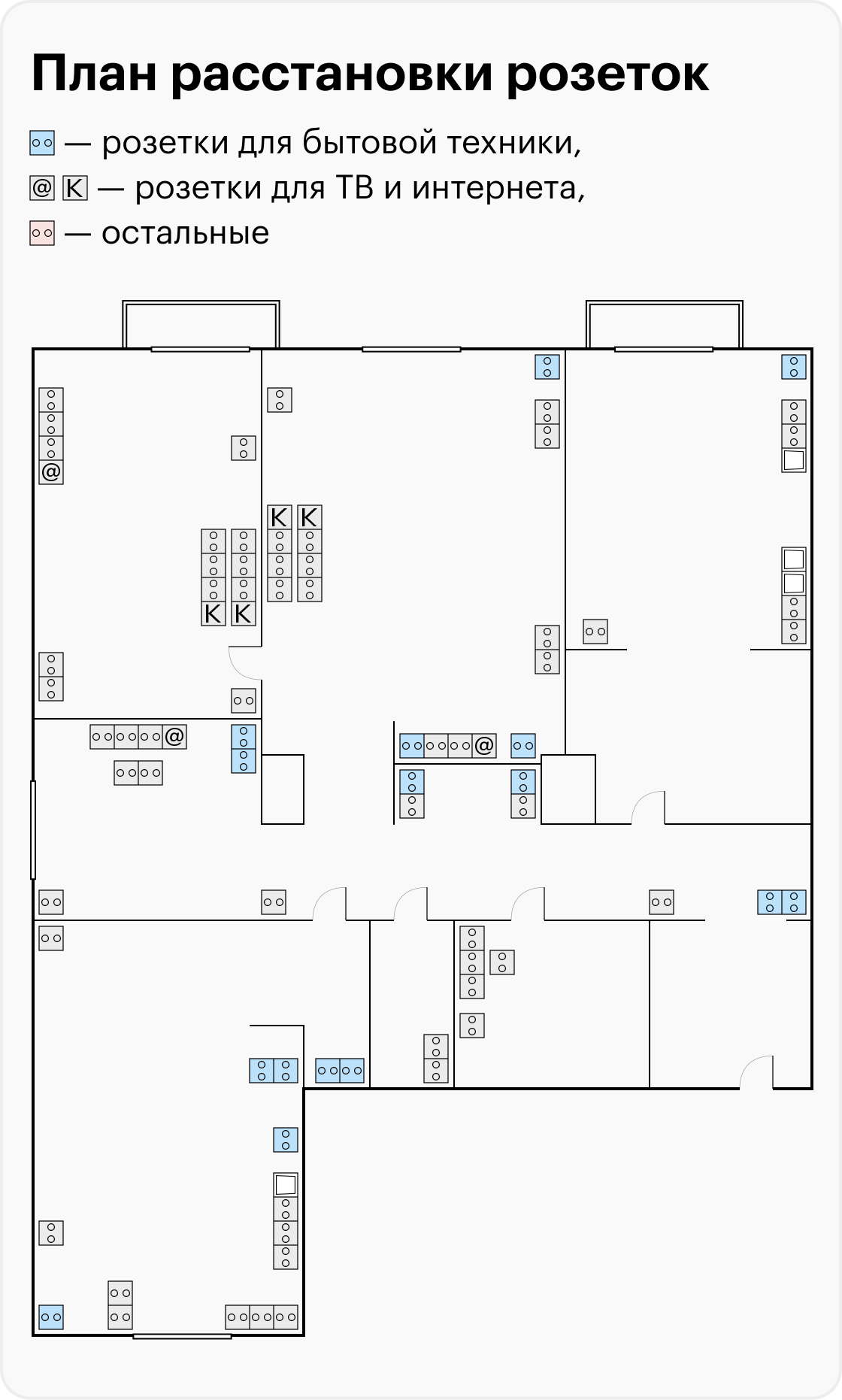 План розеток официально называется планом расстановки электротехнических приборов, но так его называть слишком долго. Он не финальный — мы его меняли по ходу работ