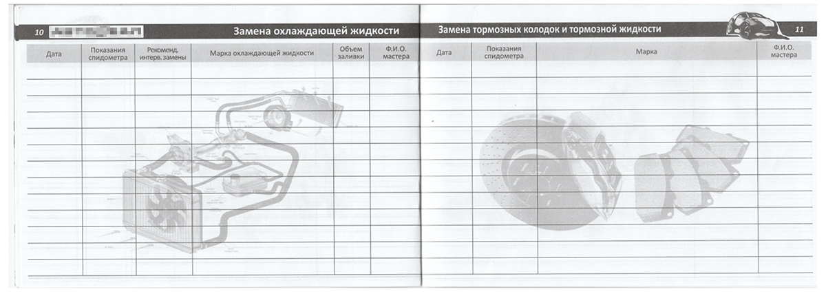 Разворот для записей о замене жидкости системы охлаждения, тормозных колодок и тормозной жидкости. Здесь в моей книжке тоже везде пробелы — этого я не делал. Больше езжу по трассам, а тормоза там нужны не так часто, как в городе