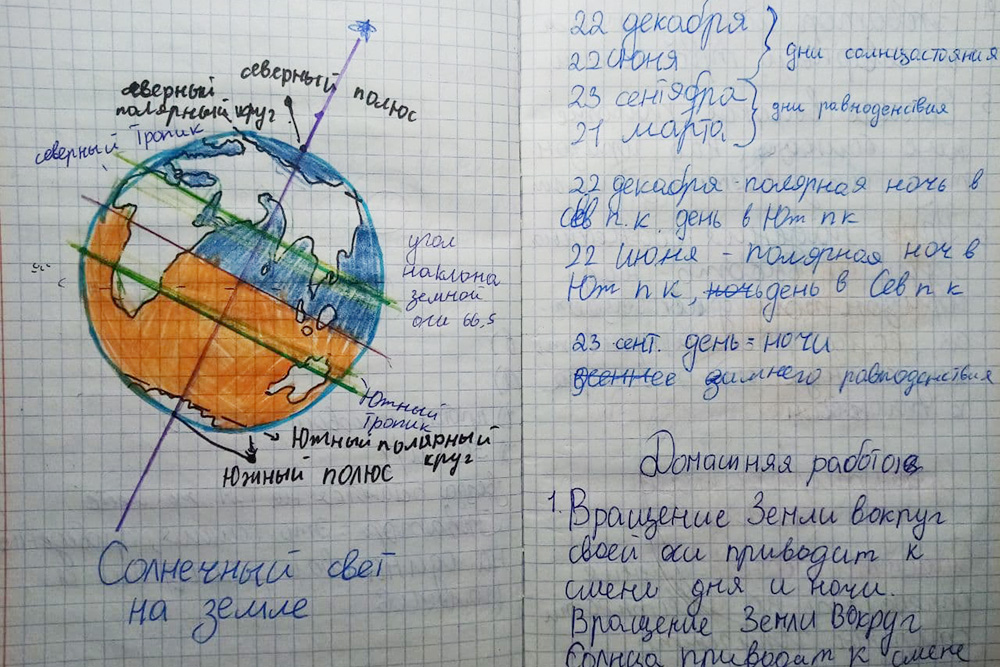 А это тетрадь по географии. Здесь учитель разрешает проявить творческие способности и в меньшей степени смотрит на почерк и ошибки