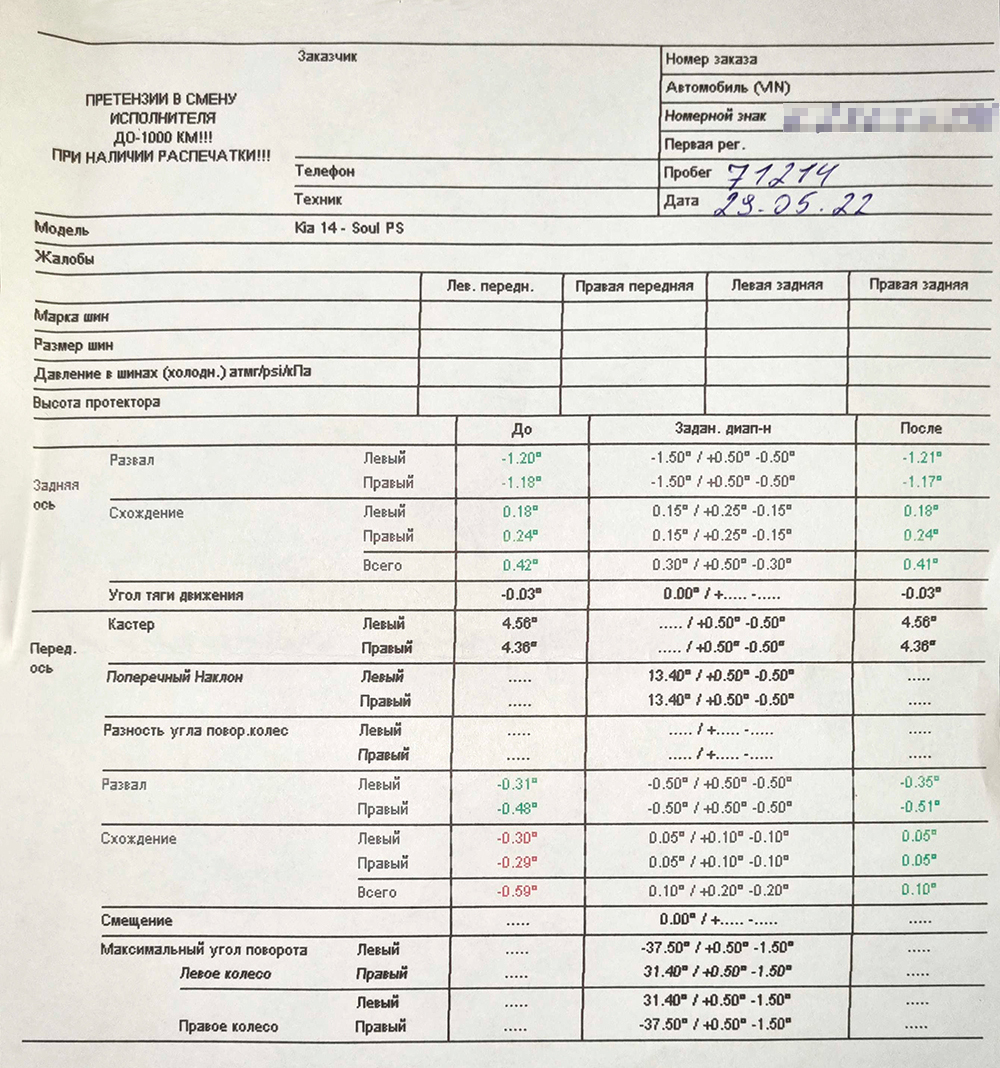 Похожий лист должны выдать, когда все настроят. В нем параметры, с которыми машина заехала на стенд, и результат работы. В этом случае развал-схождение делали на Киа Соул. Сзади балка, поэтому показания до и после примерно одинаковые