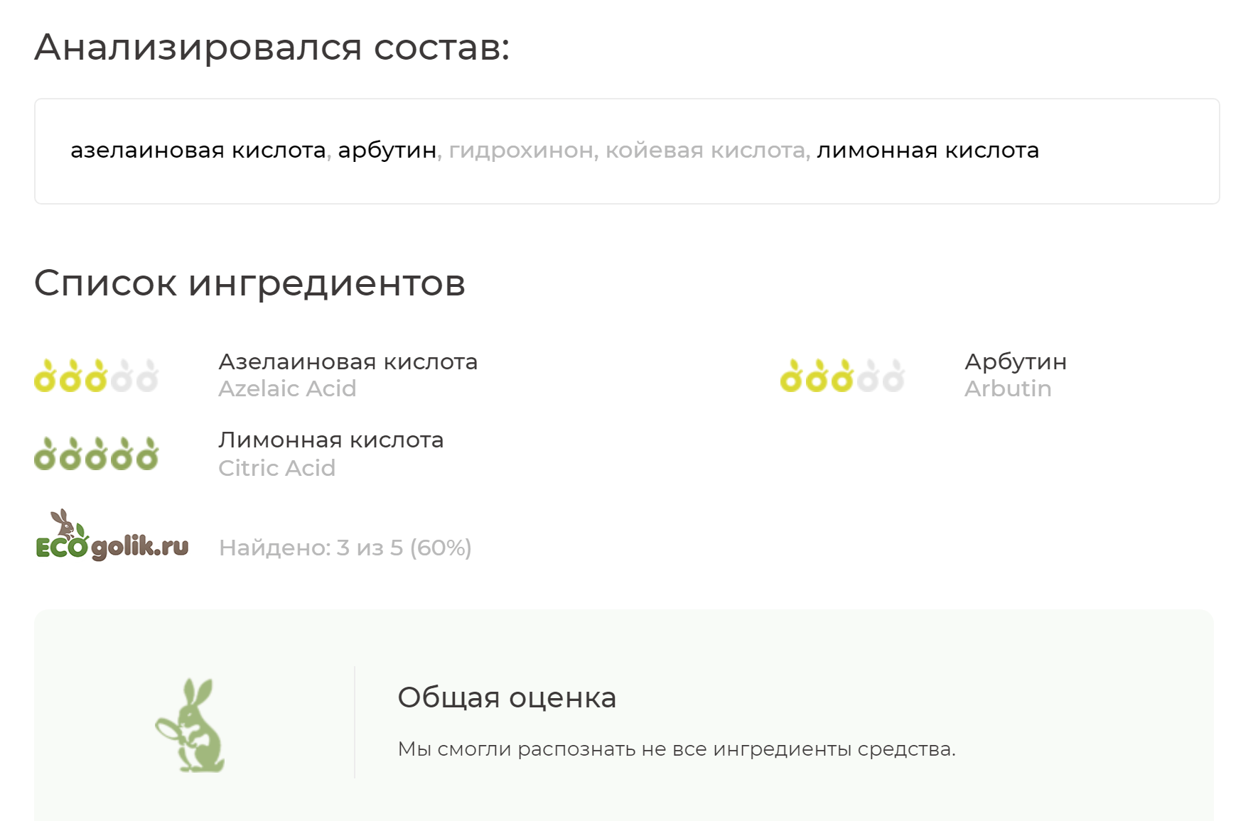 Сервис Ecogolik узнал всего три компонента из пяти и не распознал самый вредный — гидрохинон