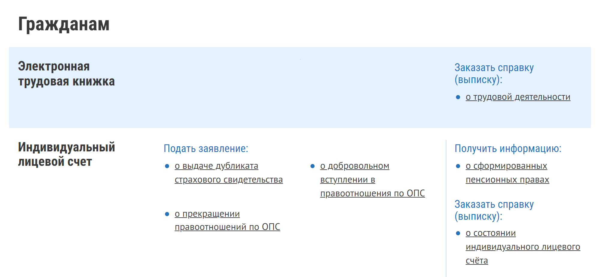 В разделе «Индивидуальный лицевой счет» можно выбрать сразу две информационные функции: получить информацию о сформированных пенсионных правах и заказать справку о состоянии лицевого счета