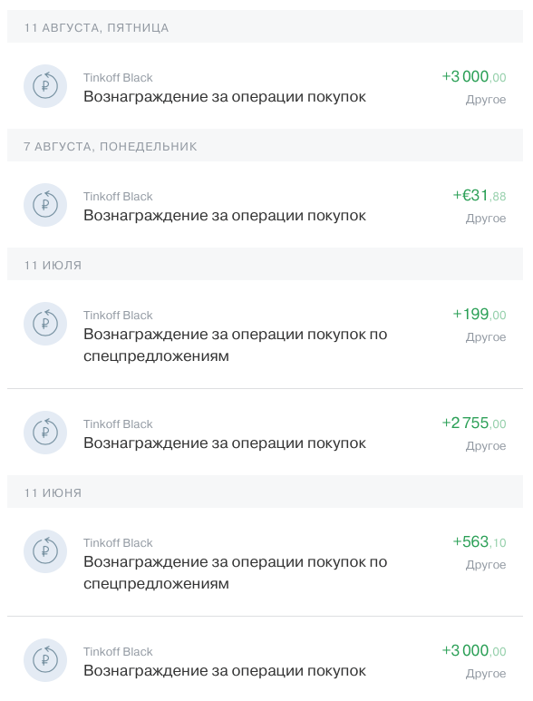 История вознаграждений за три месяца: в августе автор уперся в лимит кэшбэка по рублевой карте, но получил дополнительное вознаграждение по карте с евро; в июле пришло два рублевых кэшбэка; в июне снова уперся в лимит, но получил дополнительные 563 рубля по спецпредложениям