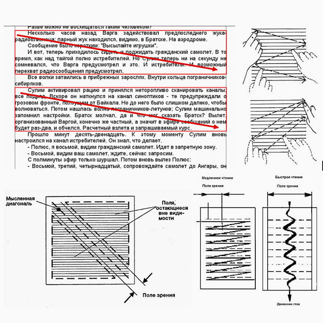 Так выглядит схема диагонального чтения. При классическом «медленном» чтении взгляд человека переходит от одной строки к другой. Но тот, кто освоил чтение по диагонали, «скользит» глазами по центру страницы, захватывая остальную информацию периферийным зрением