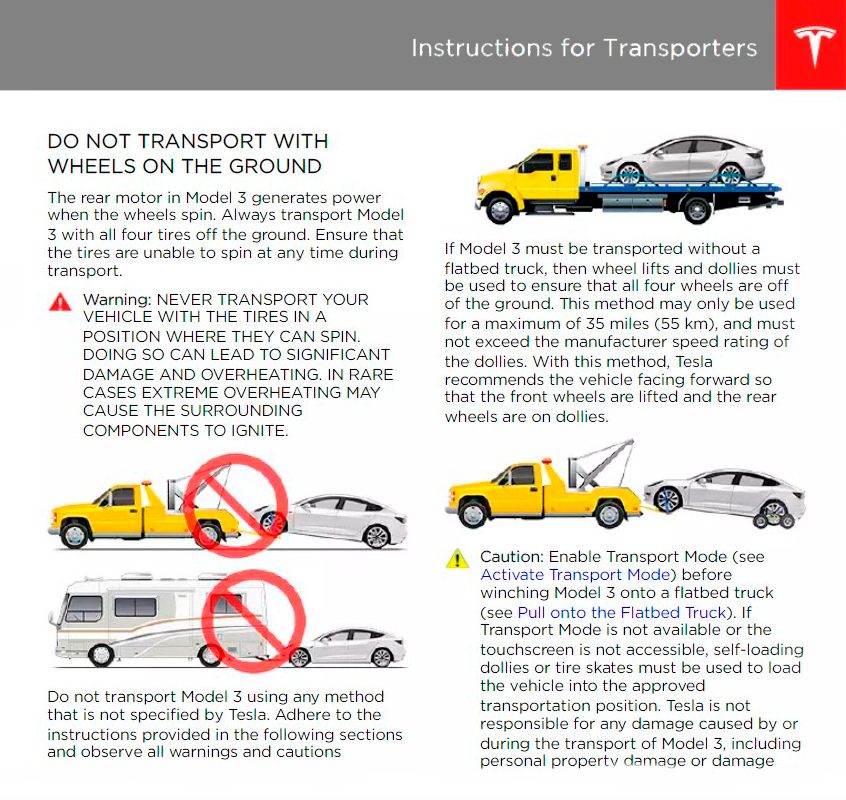 В руководстве по эксплуатации Теслы Модел 3 запрещено буксировать автомобиль, если все четыре или два колеса касаются земли. Можно лишь оттащить автомобиль на 10 метров на минимальной скорости. Источник: manualspdf.ru