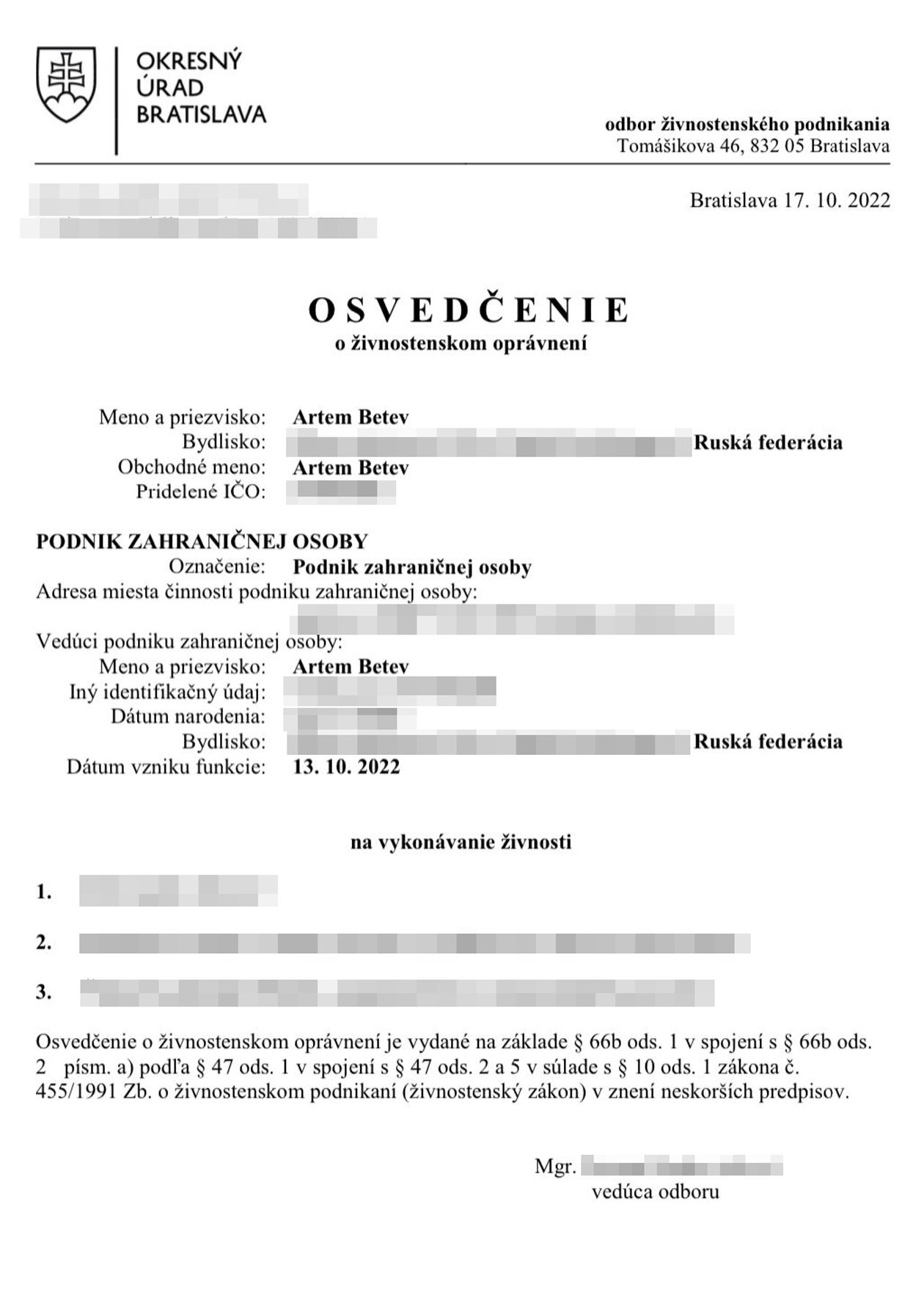 Так выглядит свидетельство об открытии ИП в Словакии
