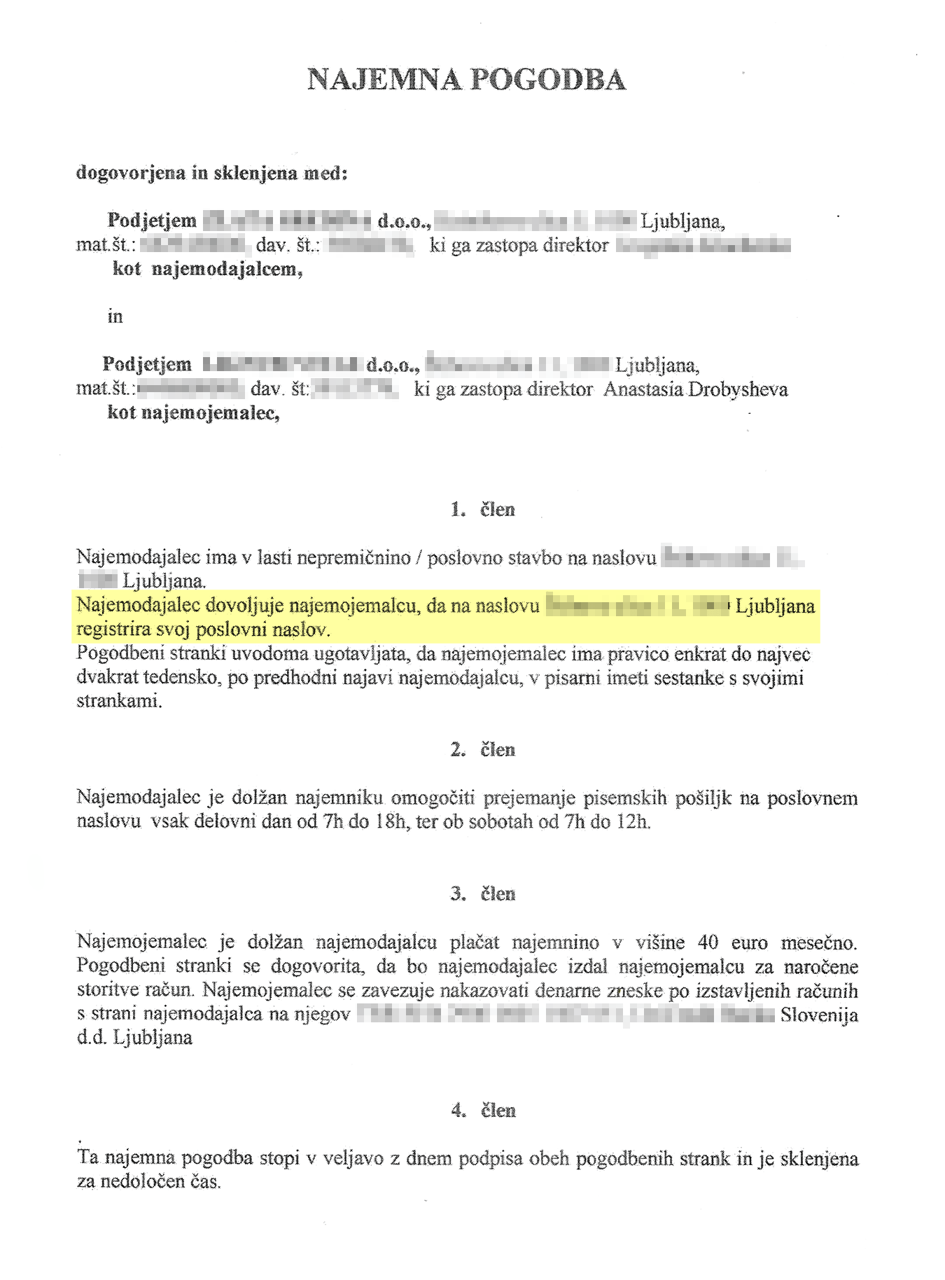 Договор с провайдером юридического адреса в Словении. Желтым выделен пункт о регистрации адреса