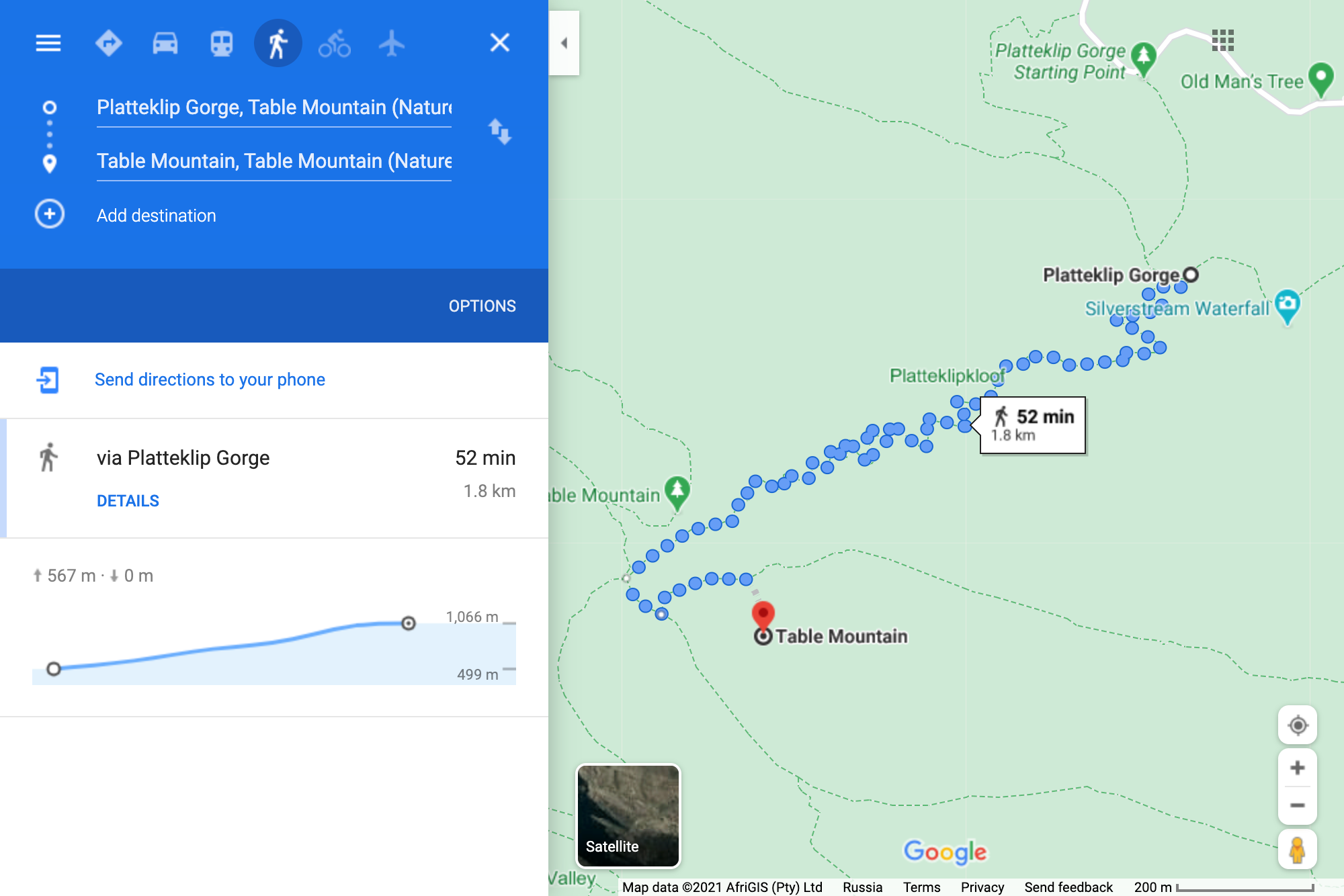 Маршрут Platteklip Gorge от парковки до вершины горы. Я не самый спортивный человек, у меня на подъем по этому маршруту уходит около полутора часов, а на спуск — почти час. А после мышцы ног болят еще несколько дней. Но оно того стоит