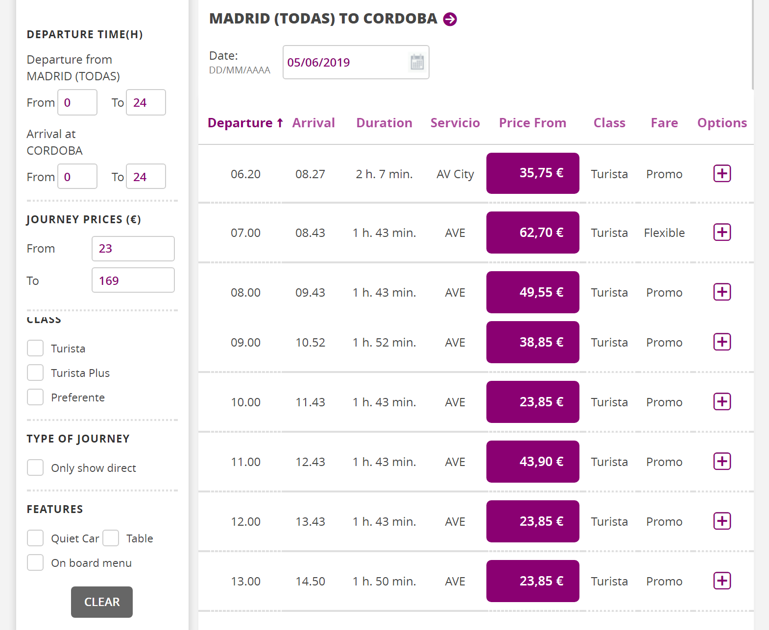 Выбираю время отправления. Например, поезда из Мадрида в Кордову отправляются каждый час. Если выехать в 10:00, получится проехать 400 км за 1 ч 43 мин и 23,85 €. Билет в 11:00 — на 20 € дороже