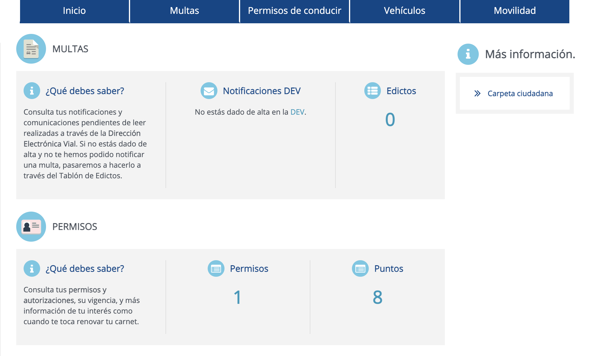 Личный кабинет на сайте DGT. Multas — штрафы, Permisos — раздел о водительских удостоверениях. У меня одно ВУ категории B и 8 пунктов. Vehiculos — информация о машинах, зарегистрированных на имя водителя