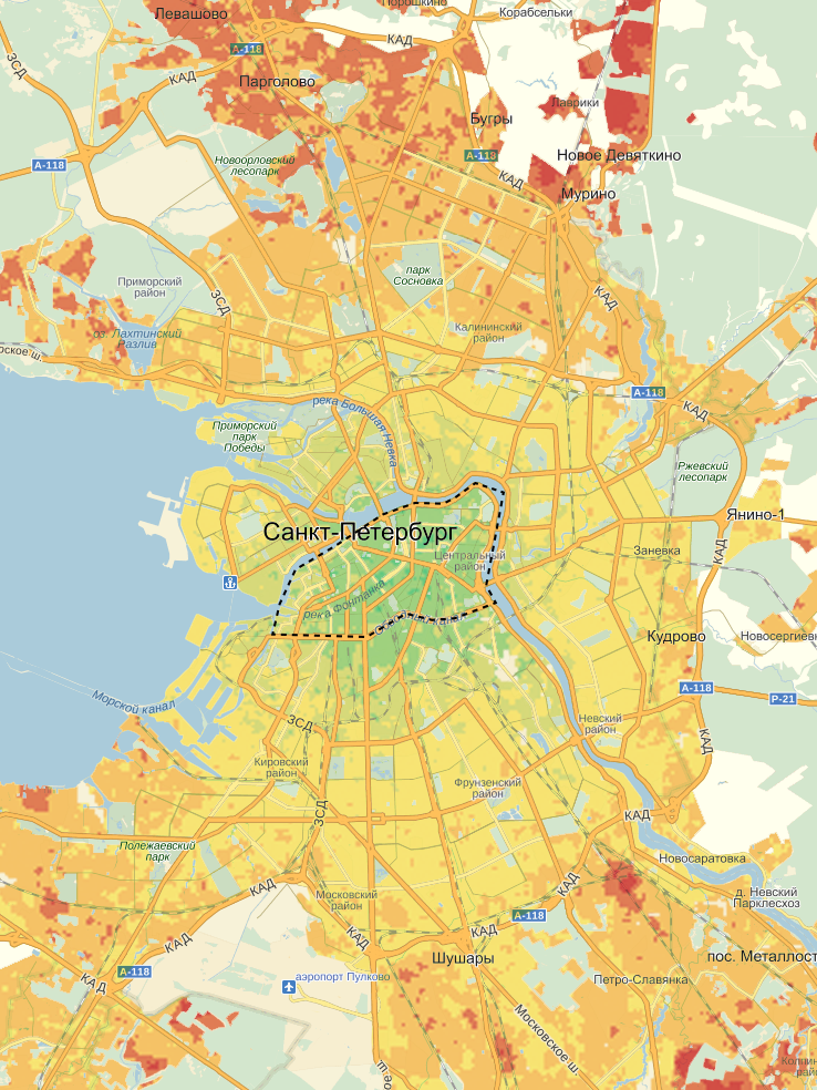 Карта транспортной доступности районов Санкт-Петербурга, по данным «Яндекса», с 07:30 до 09:30. Вечером, с 17:00 до 19:00, ситуация примерно такая же — люди возвращаются домой. Источник: «Яндекс»