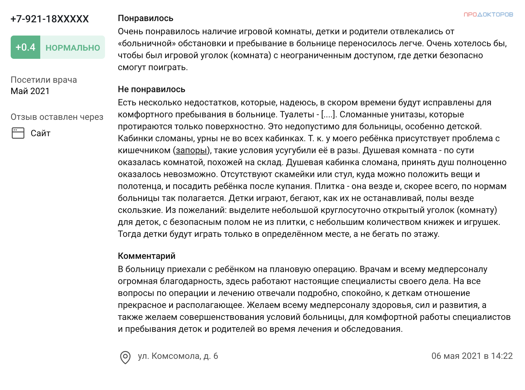 Отзыв о больнице Святителя Луки. Источник: «Продокторов»