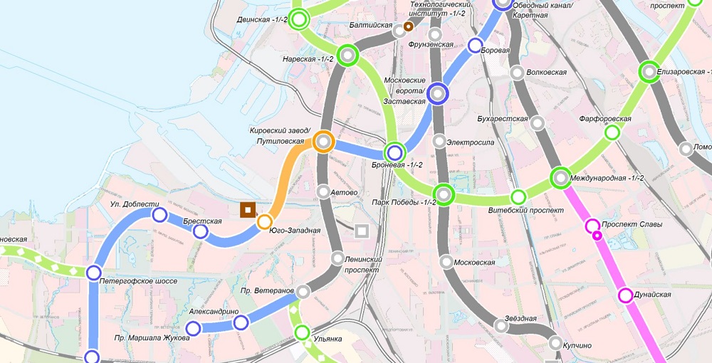 Серым отмечены действующие станции, цветным выделены планируемые станции. Источник: krti.gov.spb.ru