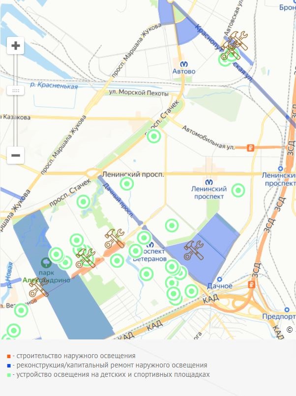 Наружное освещение. Иконка «молоток и ключ» показывает кварталы, где проводятся работы по освещению. Источник: lensvet.spb.ru