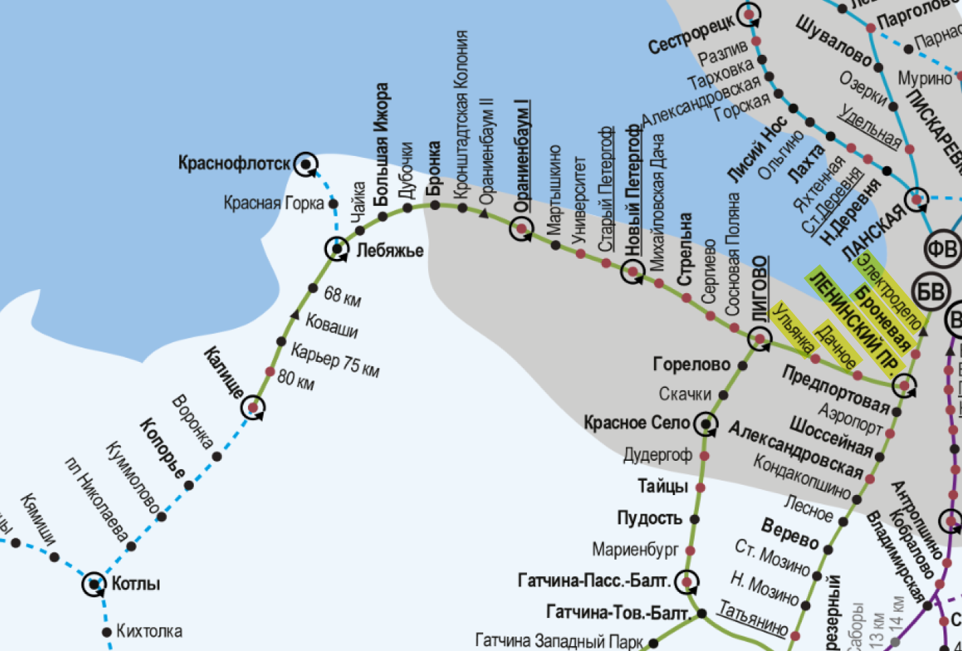 Часть карты пригородных поездов Санкт-Петербурга. Выделенные станции относятся к Кировскому району. Источник: ppk-piter.ru