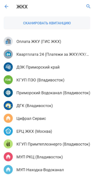 В списке поставщиков коммунальных услуг вы увидите тех, что доступны в вашем регионе. Если нужного нет на первом экране, воспользуйтесь поиском. Или сразу перейдите к оплате по QR⁠-⁠коду или штрихкоду