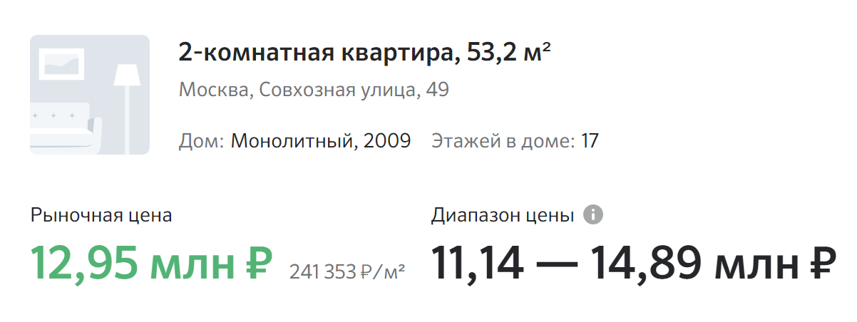 Онлайн-сервисы по⁠-⁠разному оценивают рыночную стоимость одной и той же квартиры. Например, «Домклик» определил цену в 12,95 млн. Источник: domclick.ru