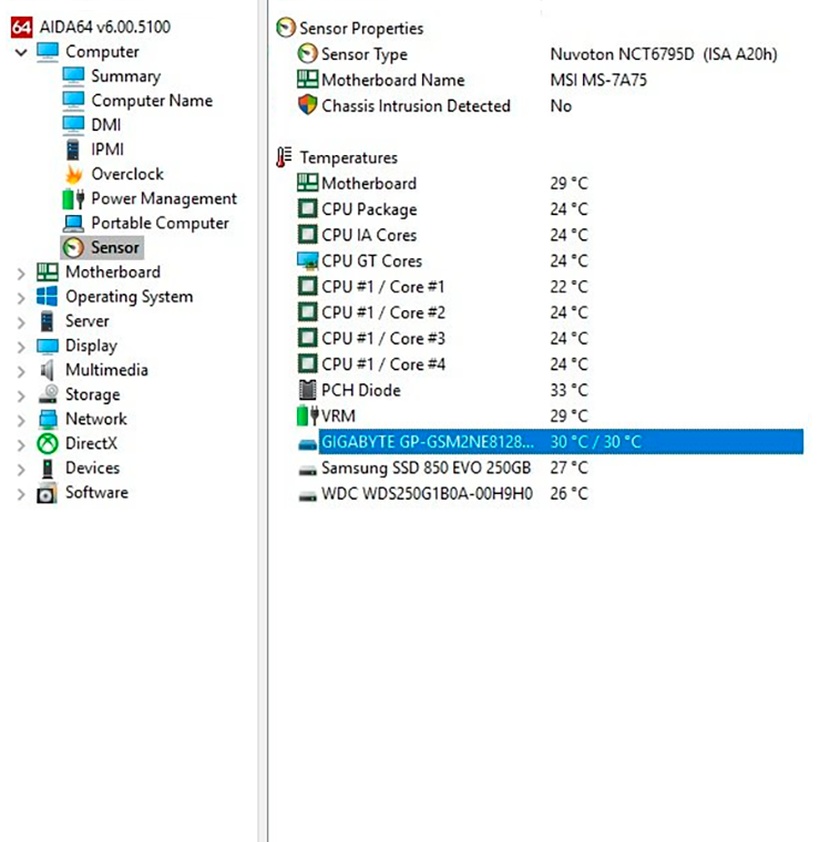 В AIDA64 температура доступна в подменю «Сенсор» раздела «Компьютер». Источник: aida64.com