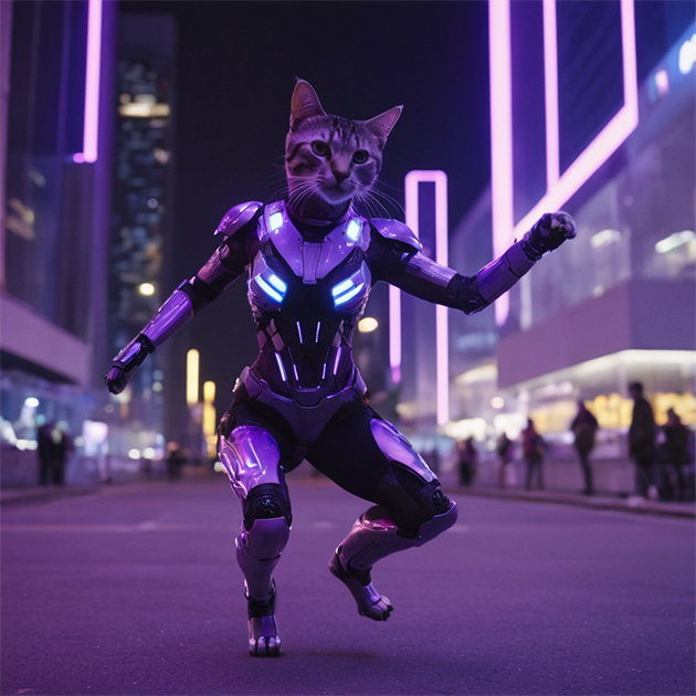 Киберпанковые коты с разными словами: purple lightning, skyscraper, robot, dancing. Источник: Fooocus, SDXL